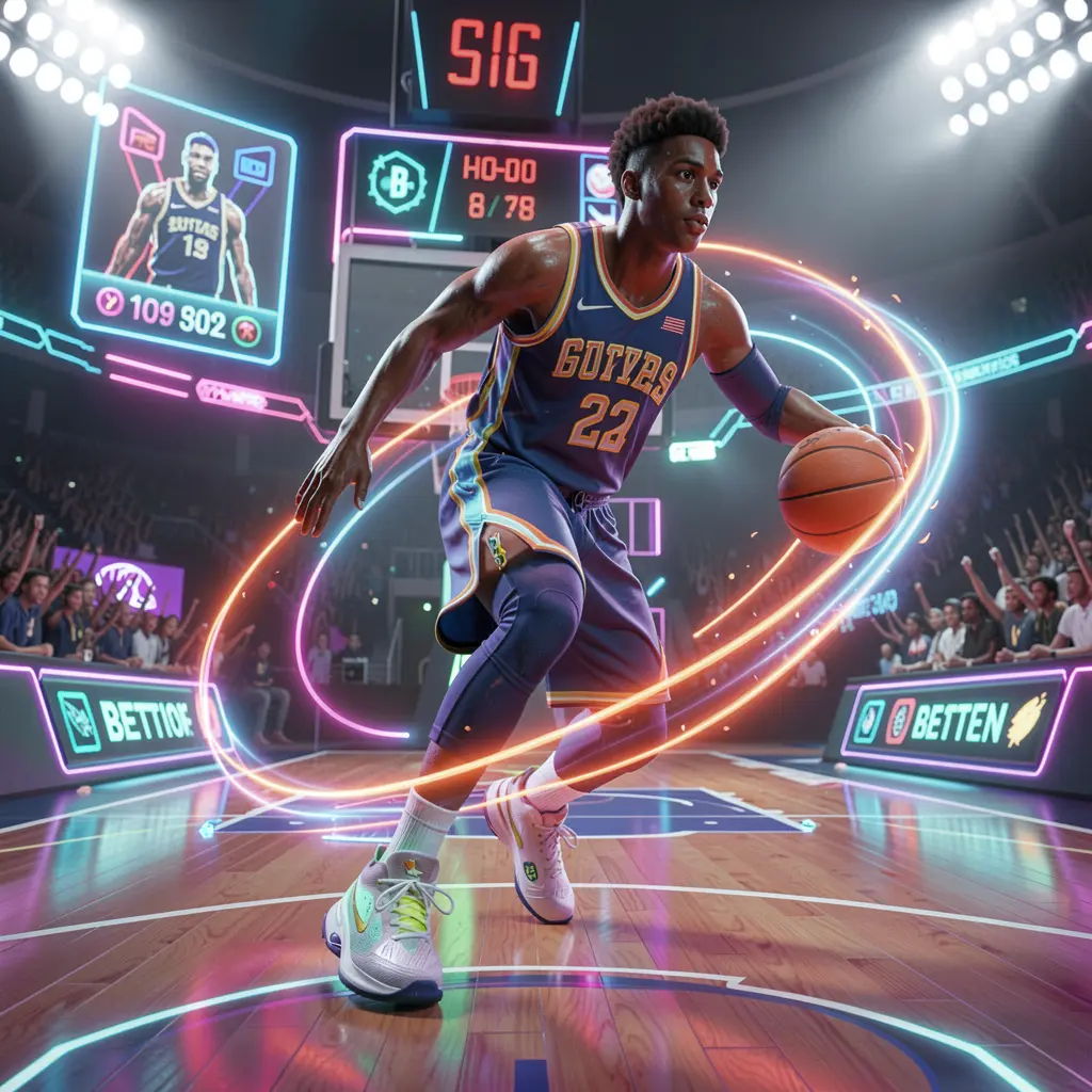 VIPOK777 – Experience fast paced basketball betting excitement in the Philippines Dynamic neon basketball player in motion with glowing trail and stadium lights symbolizing high energy sports betting on VIPOK777 in the Philippines