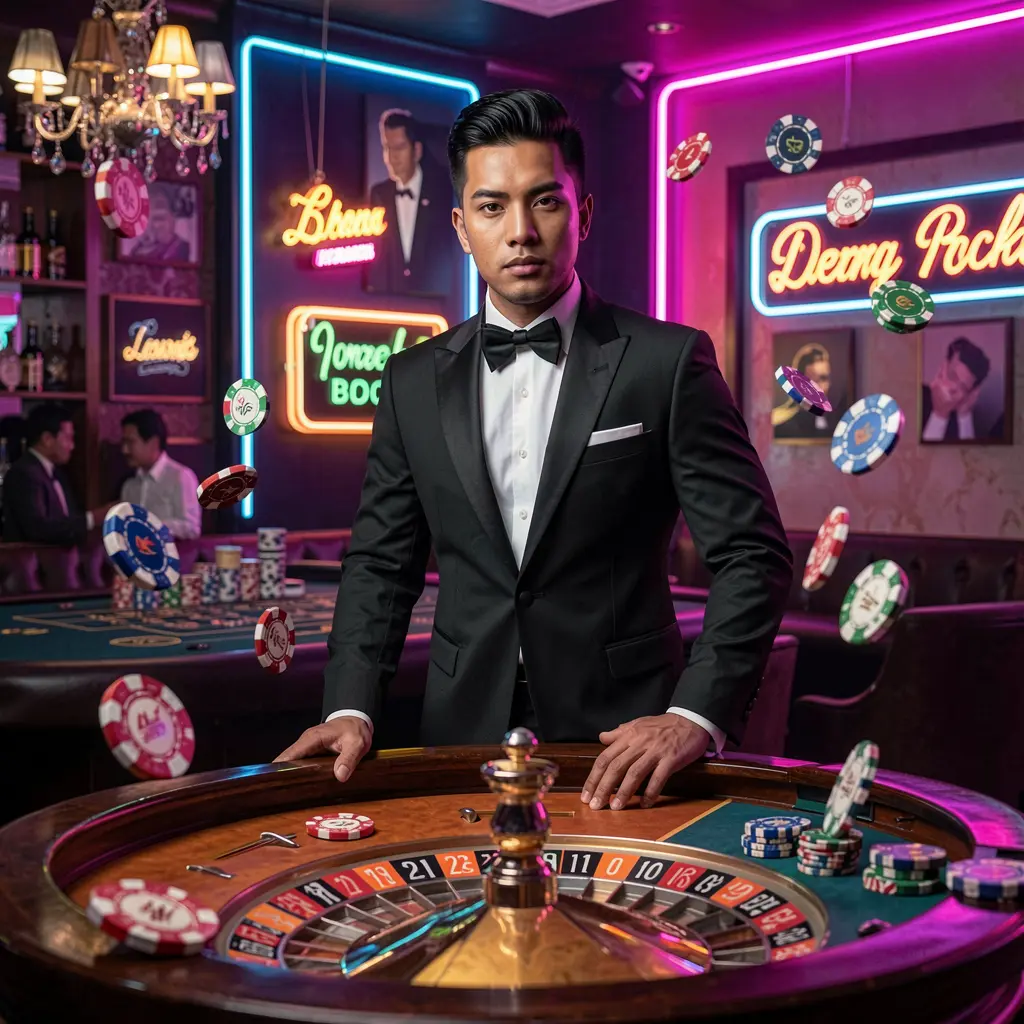 Professional casino dealer in a tuxedo standing at a roulette table with vibrant lights and chips highlighting the premium live casino experience at VIPOK777 for players in the Philippines