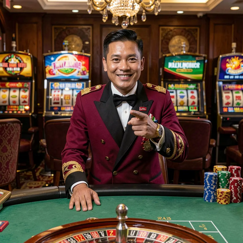 VIPOK777 Login – Enter the exciting world of online casino games in the Philippines Smiling Filipino casino host pointing forward in a VIPOK777 live casino setting with roulette wheels and glowing slot machines behind him