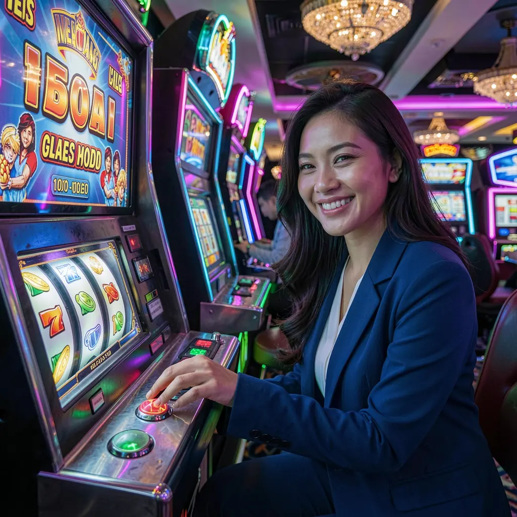 Happy Filipino casino player pressing a slot machine button with glowing reels in a modern casino atmosphere at VIPOK777 Philippines